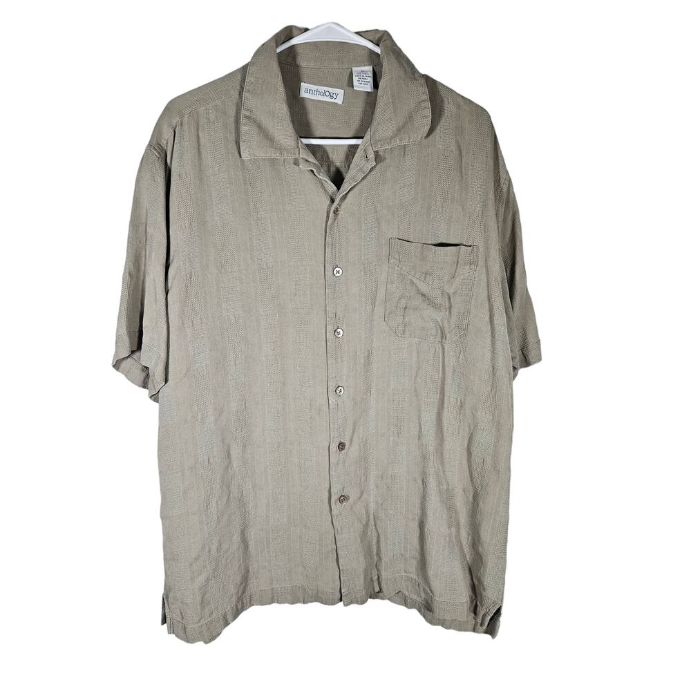 Anthology Mens Short Sleeve Silk Button Down Shirt Light Brown‎ Textured Size XL